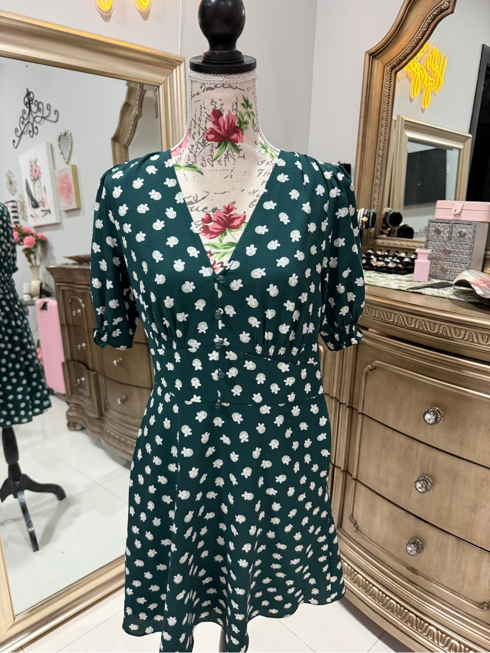 kate spade Dark Green Floral V-Neck Short Sleeve Dress